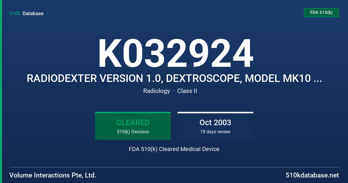 K032924 RADIODEXTER VERSION 1.0, DEXTROSCOPE, MODEL MK10 AND DEXTROBEAM, MODEL MK3 FDA 510(k) Cleared Medical Device