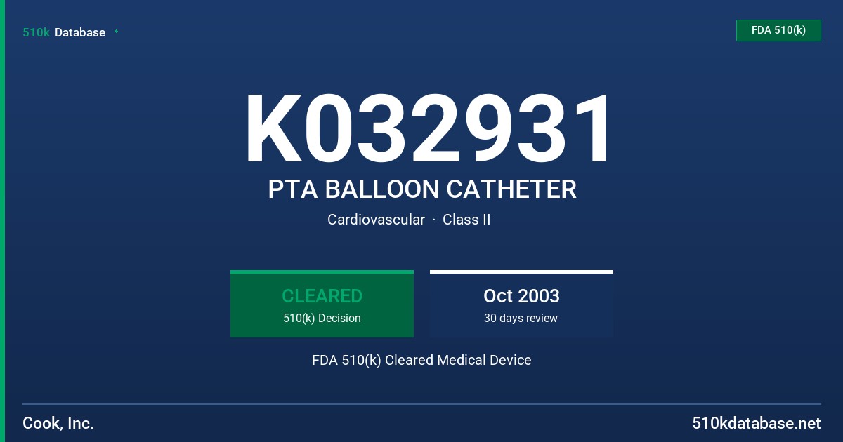 K032931 PTA BALLOON CATHETER FDA 510(k) Cleared Medical Device