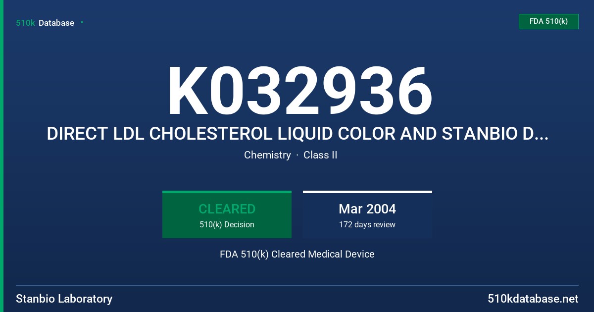 K032936 DIRECT LDL CHOLESTEROL LIQUID COLOR AND STANBIO DIRECT HDL/LDL CHOLESTEROL CALIBRATOR FDA 510(k) Cleared Medical Device