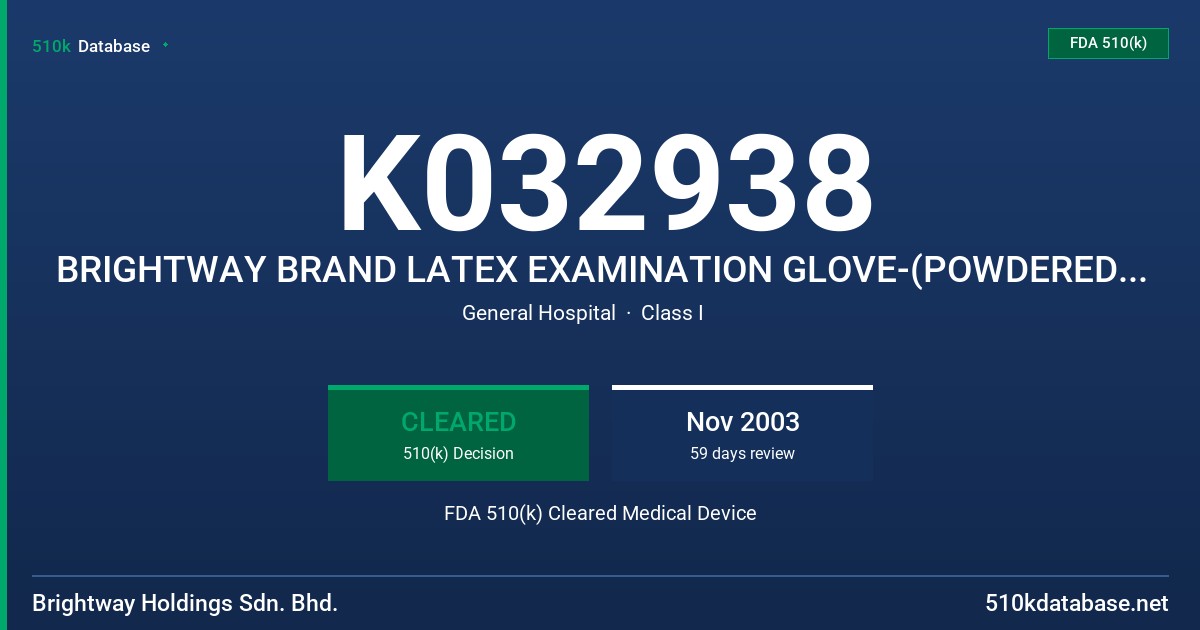 K032938 BRIGHTWAY BRAND LATEX EXAMINATION GLOVE-(POWDERED, STERILE), CONTAINING 150 UGM OR LESS OF WATER EXTRACTABLE PROTEIN PER FDA 510(k) Cleared Medical Device