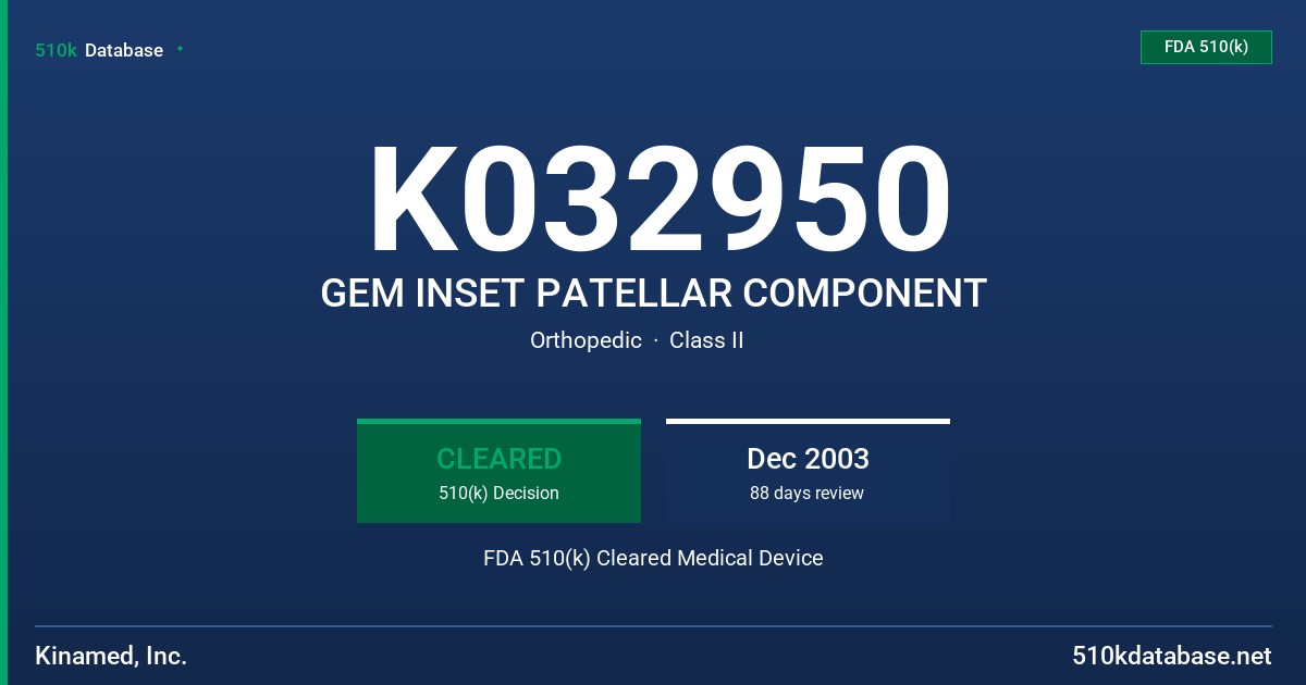 K032950 GEM INSET PATELLAR COMPONENT FDA 510(k) Cleared Medical Device