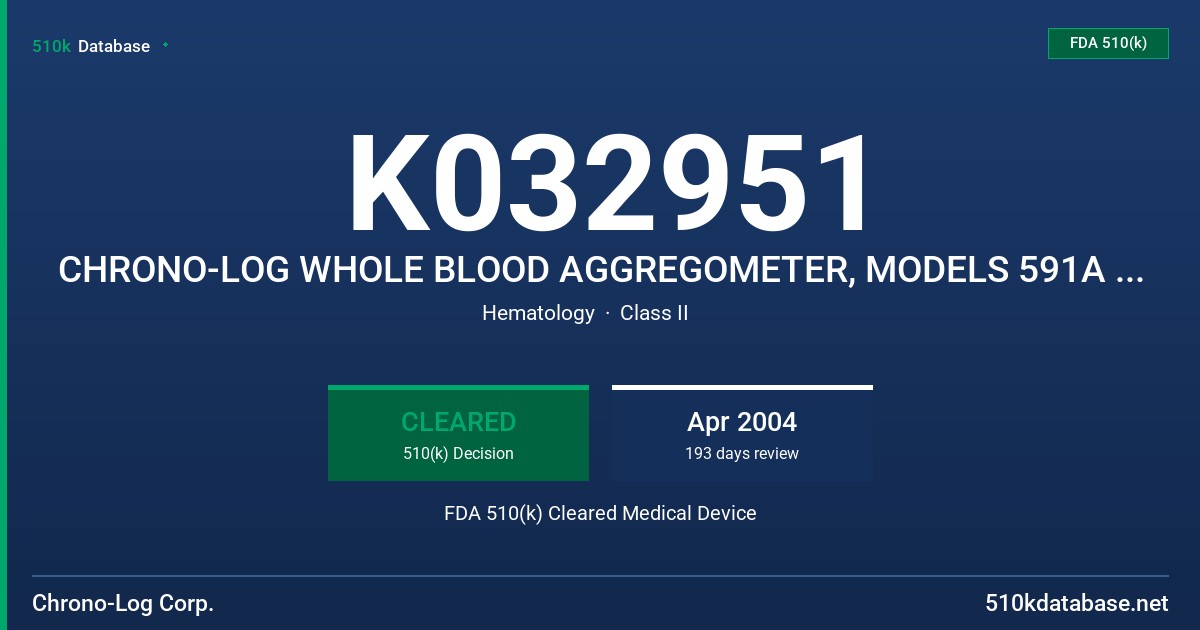 K032951 CHRONO-LOG WHOLE BLOOD AGGREGOMETER, MODELS 591A AND 592A FDA 510(k) Cleared Medical Device