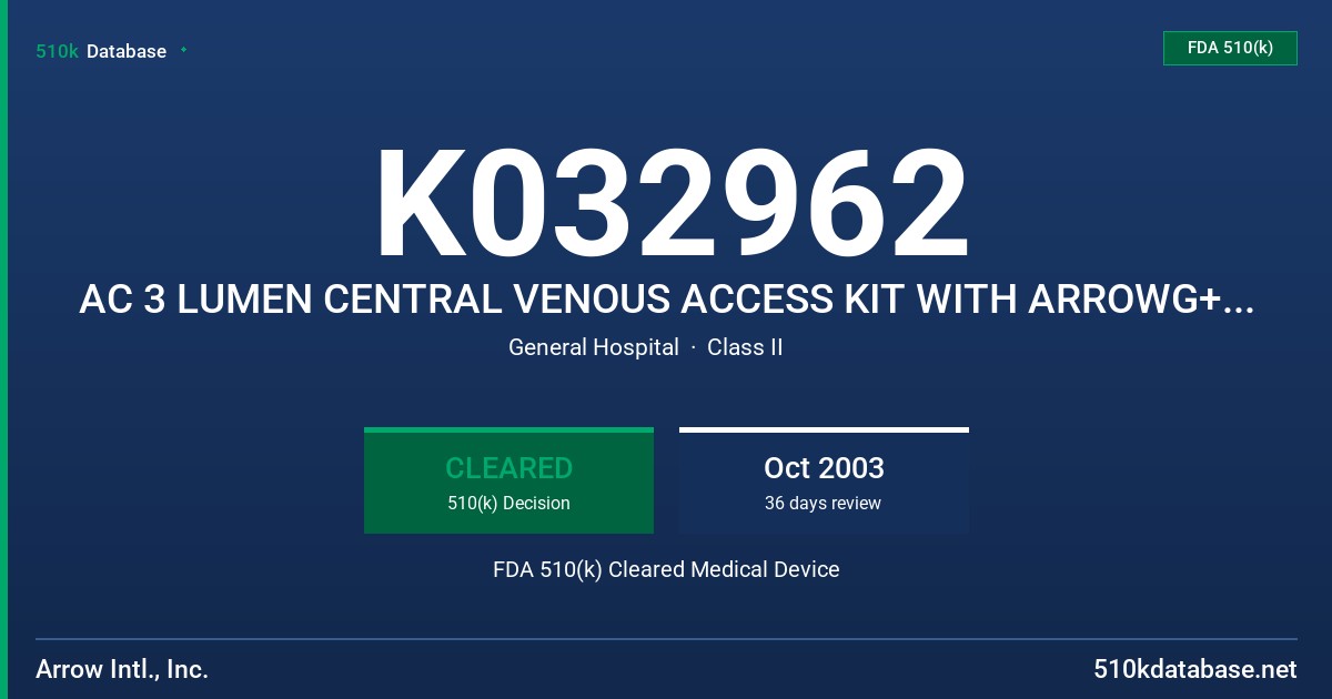 K032962 AC 3 LUMEN CENTRAL VENOUS ACCESS KIT WITH ARROWG+ARD ANTIMICROBIAL SURFACE FDA 510(k) Cleared Medical Device