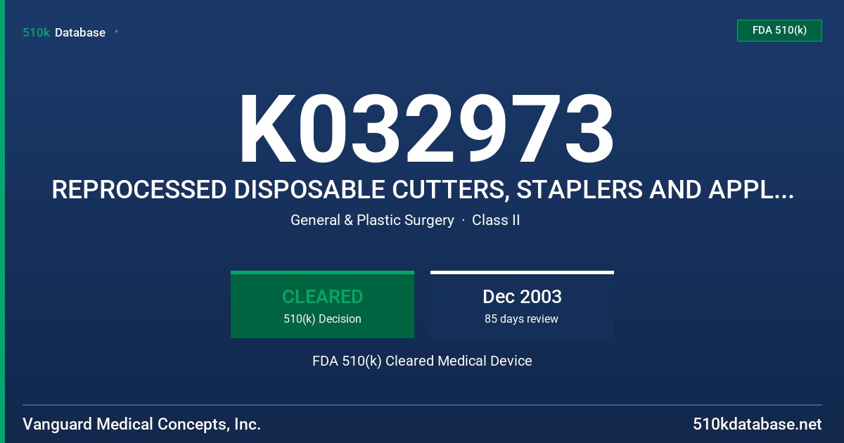 K032973 REPROCESSED DISPOSABLE CUTTERS, STAPLERS AND APPLIERS FDA 510(k) Cleared Medical Device
