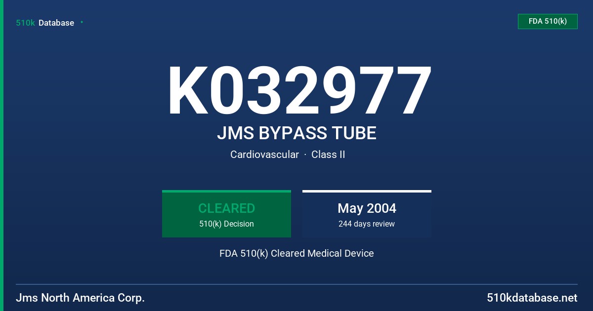 K032977 JMS BYPASS TUBE FDA 510(k) Cleared Medical Device