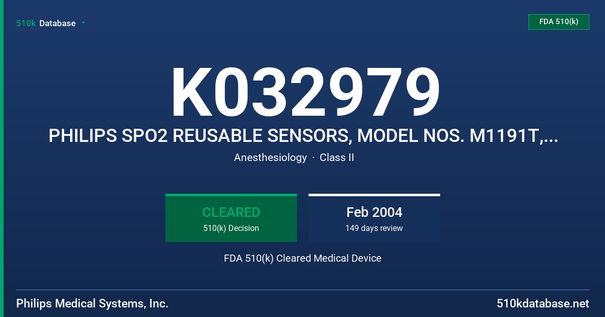 K032979 PHILIPS SPO2 REUSABLE SENSORS, MODEL NOS. M1191T, M1192T, AND M1193T FDA 510(k) Cleared Medical Device