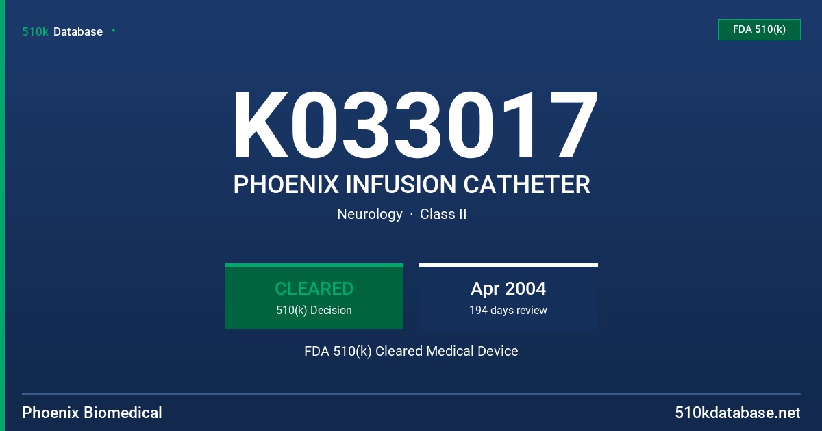 K033017 PHOENIX INFUSION CATHETER FDA 510(k) Cleared Medical Device