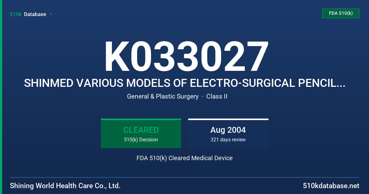 K033027 SHINMED VARIOUS MODELS OF ELECTRO-SURGICAL PENCILS, SW12200, SW12202, SW12300 FDA 510(k) Cleared Medical Device