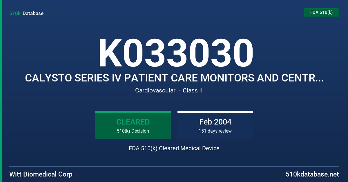 K033030 CALYSTO SERIES IV PATIENT CARE MONITORS AND CENTRAL STATION AND ECG MANAGEMENT SYSTEM FDA 510(k) Cleared Medical Device