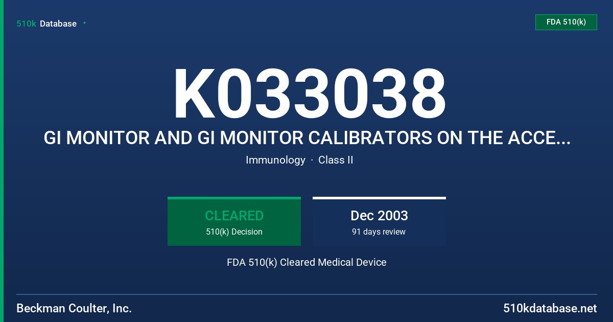 K033038 GI MONITOR AND GI MONITOR CALIBRATORS ON THE ACCESS IMMUNOASSAY SYSTEMS, MODEL 387687, 387688 FDA 510(k) Cleared Medical Device