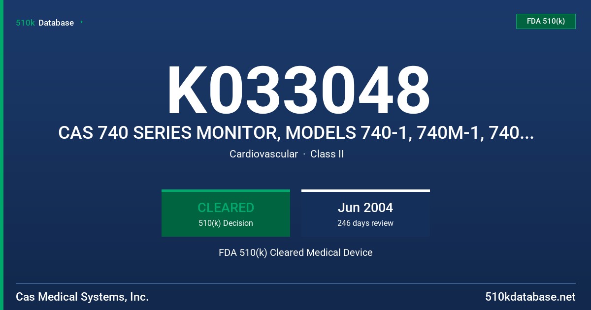 K033048 CAS 740 SERIES MONITOR, MODELS 740-1, 740M-1, 740-2MS, 740M-2MS, 740-2NL, 740M-2NL, 740-2NN, 740M-2NN, 740-3MS, 740M-3MS FDA 510(k) Cleared Medical Device