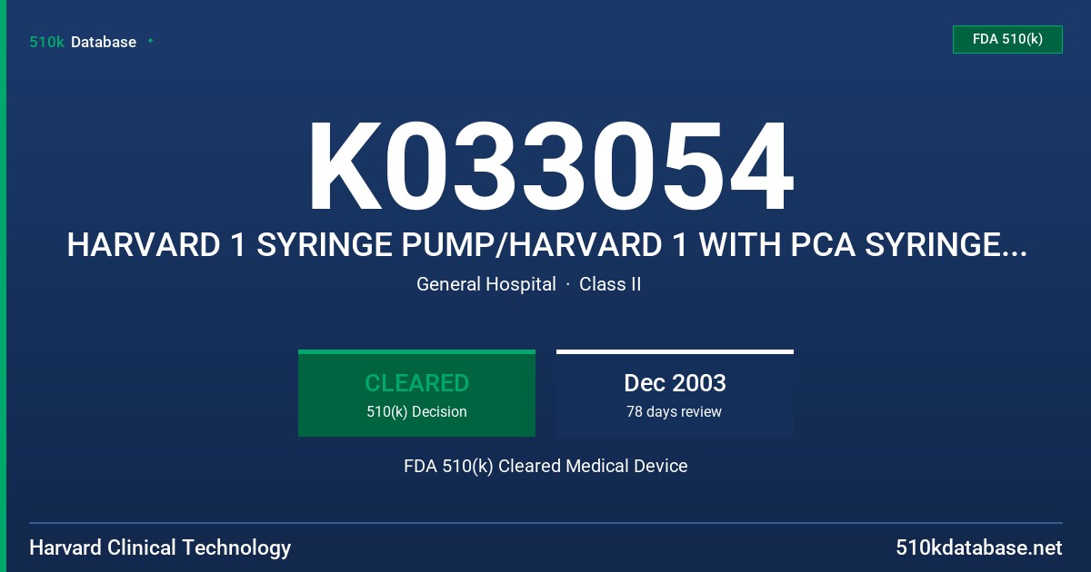 K033054 HARVARD 1 SYRINGE PUMP/HARVARD 1 WITH PCA SYRINGE PUMP FDA 510(k) Cleared Medical Device