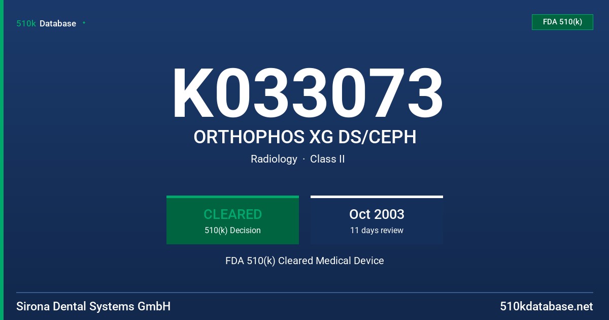 K033073 ORTHOPHOS XG DS/CEPH FDA 510(k) Cleared Medical Device