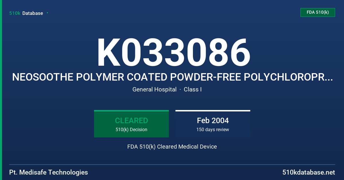 K033086 NEOSOOTHE POLYMER COATED POWDER-FREE POLYCHLOROPRENE PATIENT EXAMINATION GLOVES WITH ALOE FDA 510(k) Cleared Medical Device