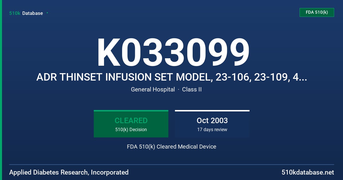 K033099 ADR THINSET INFUSION SET MODEL, 23-106, 23-109, 43-106, 43-109 FDA 510(k) Cleared Medical Device