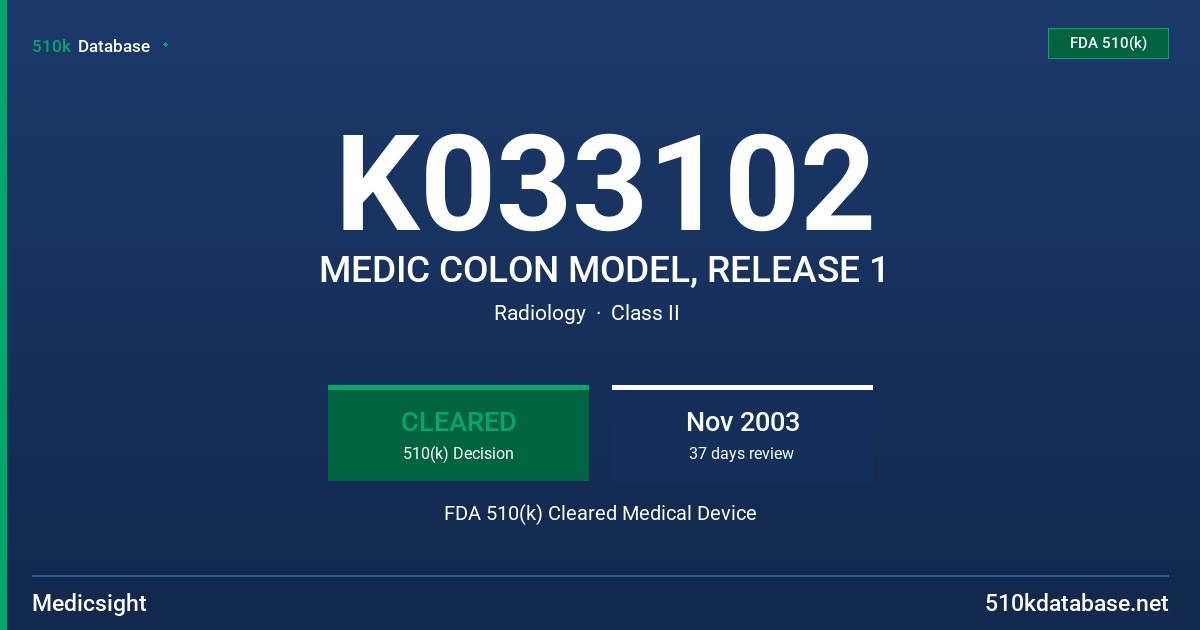 K033102 MEDIC COLON MODEL, RELEASE 1 FDA 510(k) Cleared Medical Device