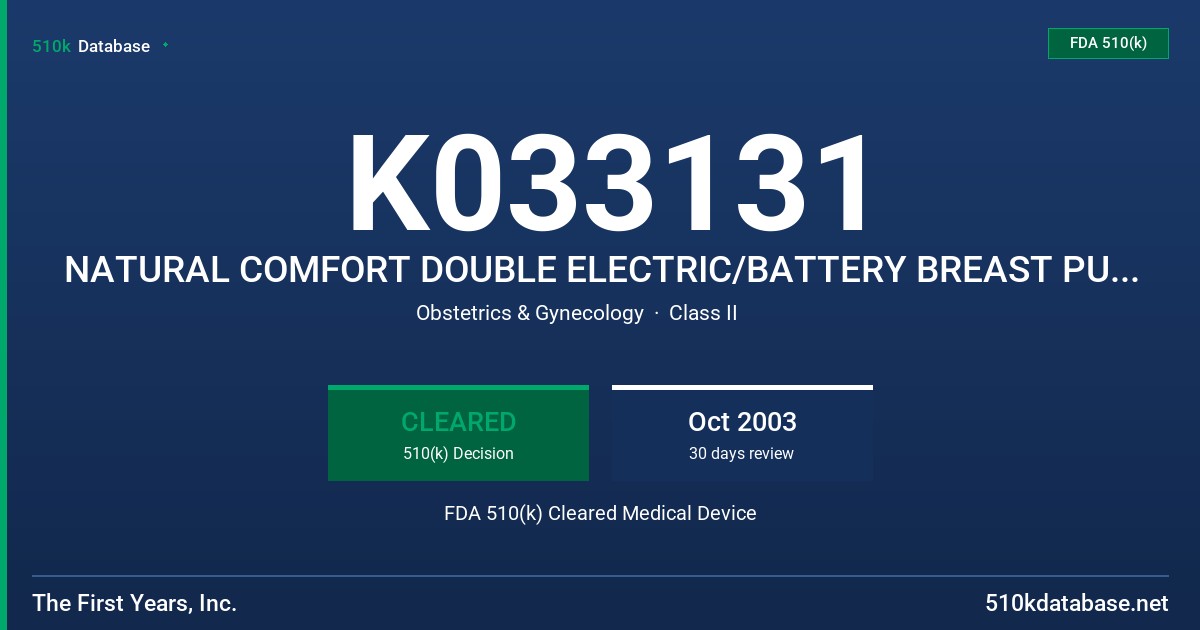 K033131 NATURAL COMFORT DOUBLE ELECTRIC/BATTERY BREAST PUMP, MODEL 1181/1068 FDA 510(k) Cleared Medical Device