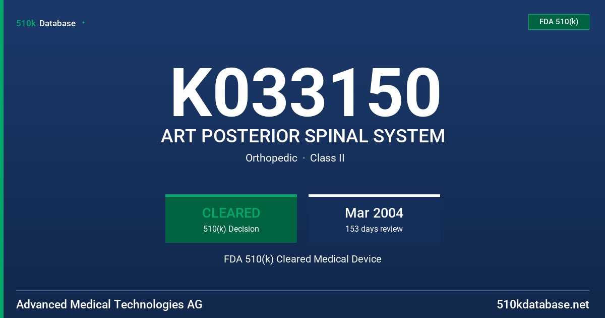 K033150 ART POSTERIOR SPINAL SYSTEM FDA 510(k) Cleared Medical Device