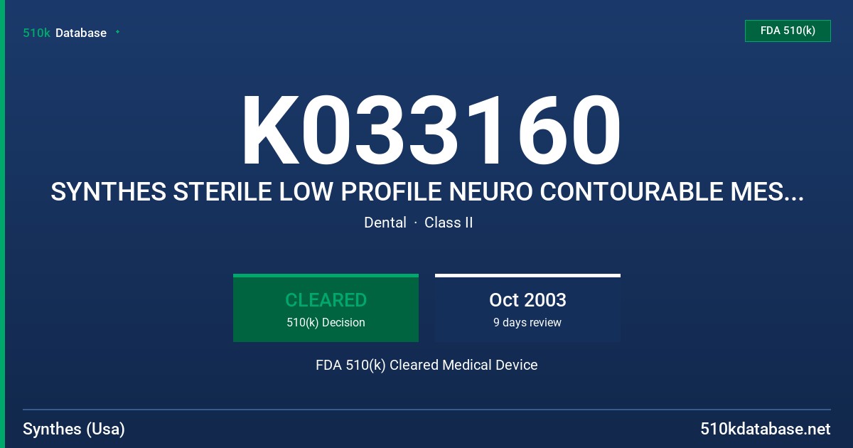 K033160 SYNTHES STERILE LOW PROFILE NEURO CONTOURABLE MESH PLATES FDA 510(k) Cleared Medical Device