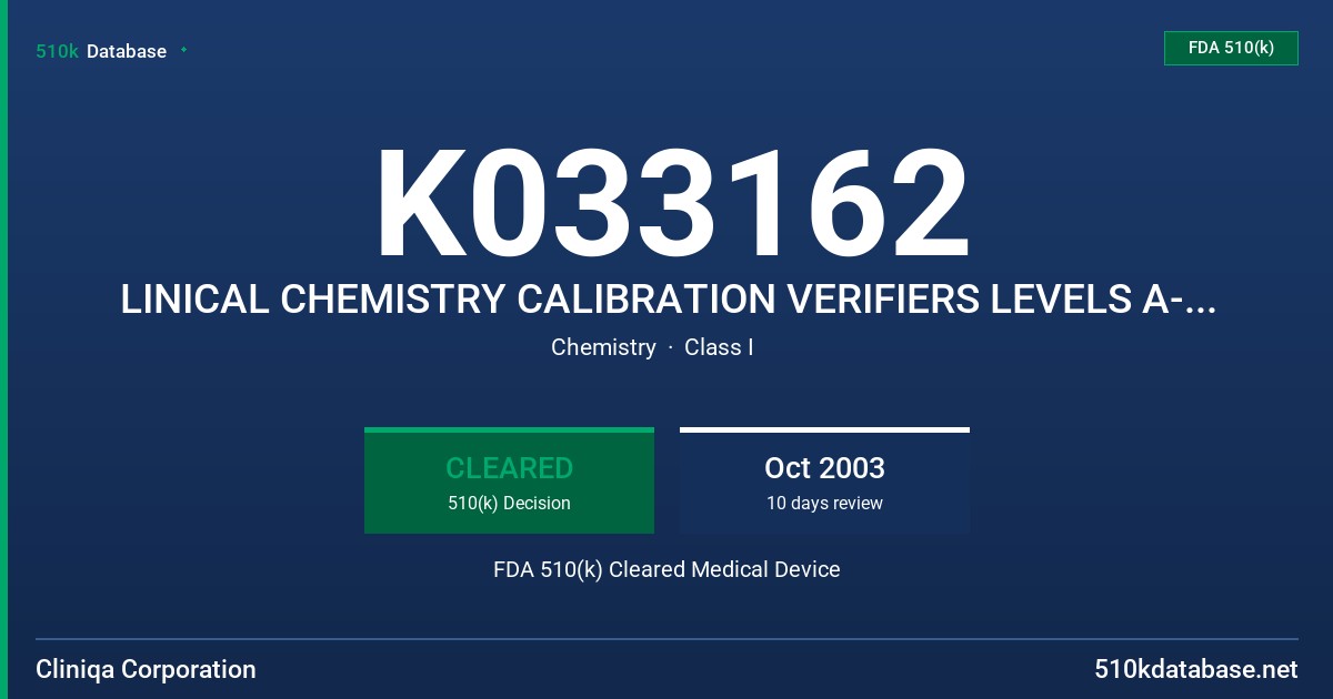 K033162 LINICAL CHEMISTRY CALIBRATION VERIFIERS LEVELS A-E FOR OLYMPUS AU SYSTEMS FDA 510(k) Cleared Medical Device