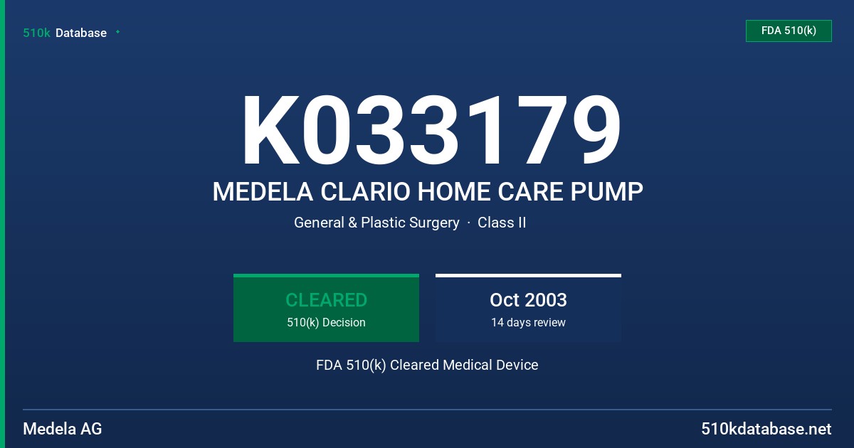 K033179 MEDELA CLARIO HOME CARE PUMP FDA 510(k) Cleared Medical Device