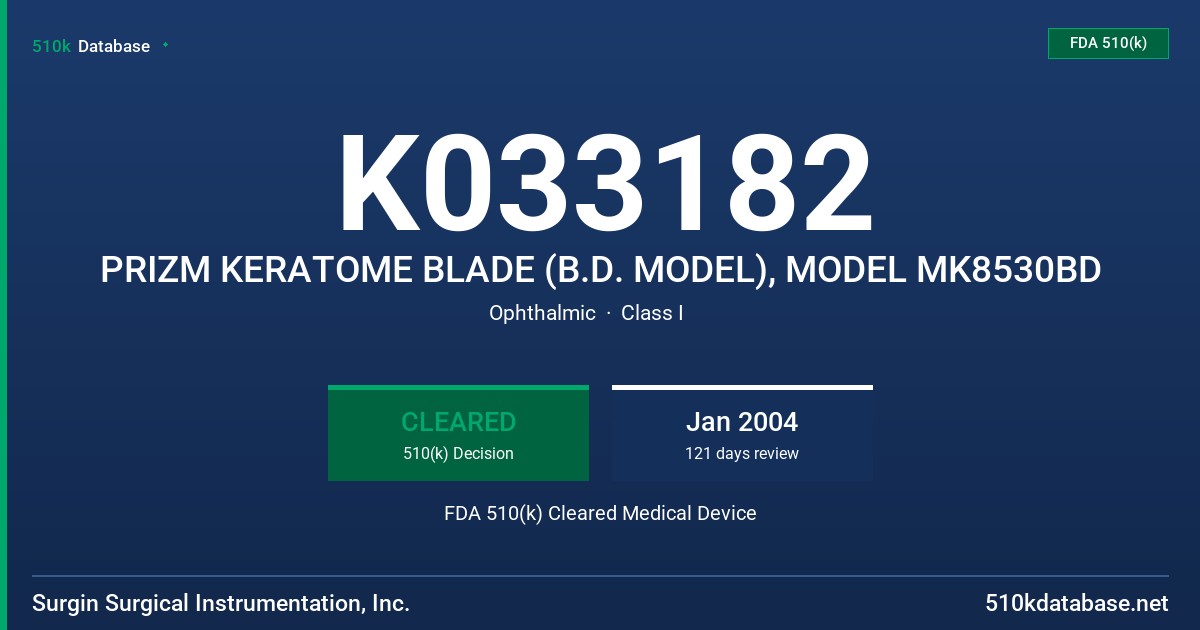 K033182 PRIZM KERATOME BLADE (B.D. MODEL), MODEL MK8530BD FDA 510(k) Cleared Medical Device
