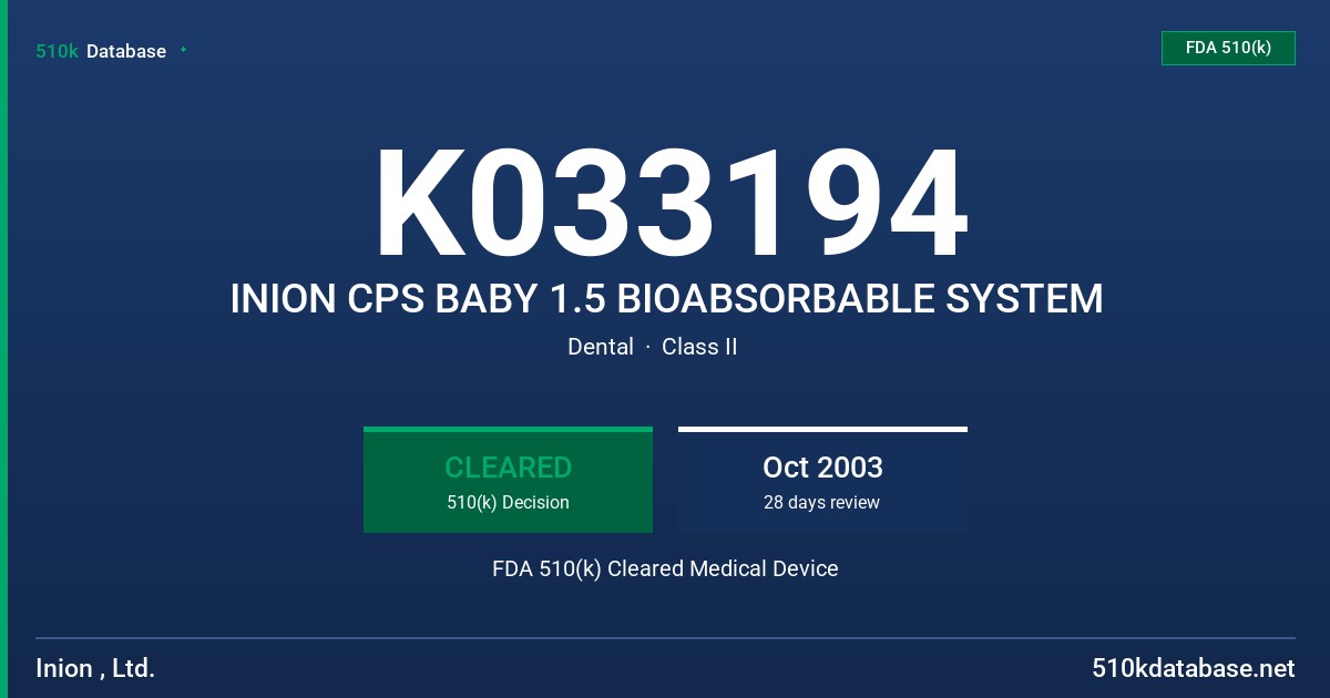 K033194 INION CPS BABY 1.5 BIOABSORBABLE SYSTEM FDA 510(k) Cleared Medical Device
