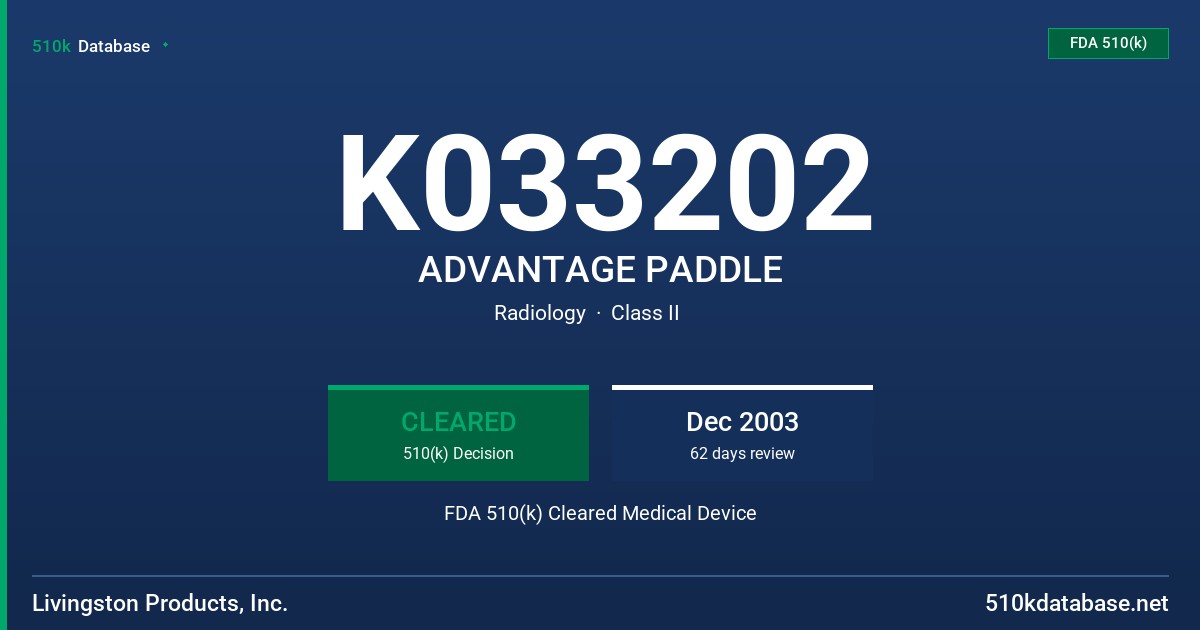 K033202 ADVANTAGE PADDLE FDA 510(k) Cleared Medical Device