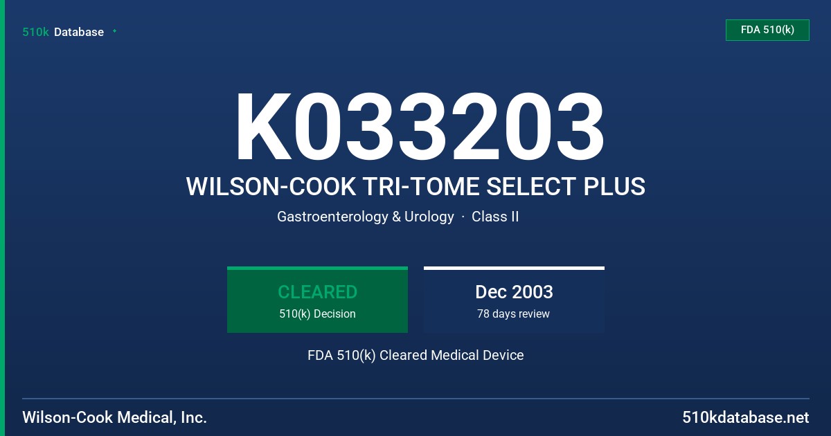 K033203 WILSON-COOK TRI-TOME SELECT PLUS FDA 510(k) Cleared Medical Device