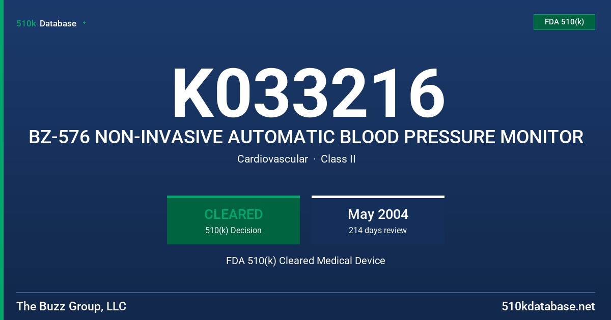 K033216 BZ-576 NON-INVASIVE AUTOMATIC BLOOD PRESSURE MONITOR FDA 510(k) Cleared Medical Device