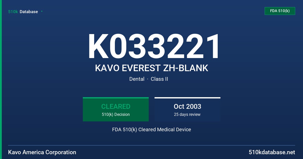 K033221 KAVO EVEREST ZH-BLANK FDA 510(k) Cleared Medical Device