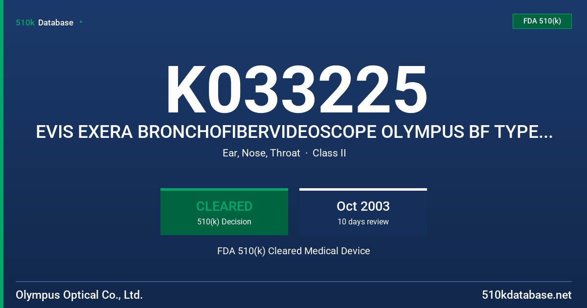 K033225 EVIS EXERA BRONCHOFIBERVIDEOSCOPE OLYMPUS BF TYPE XP160F, ITS ACCESSORIES AND ANCILLARY EQUIPMENT FDA 510(k) Cleared Medical Device