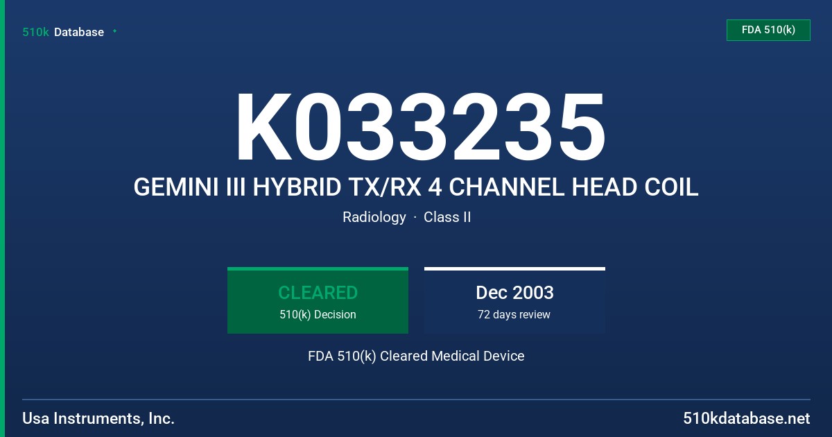 K033235 GEMINI III HYBRID TX/RX 4 CHANNEL HEAD COIL FDA 510(k) Cleared Medical Device