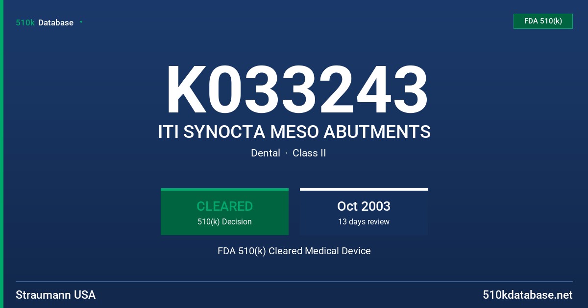 K033243 ITI SYNOCTA MESO ABUTMENTS FDA 510(k) Cleared Medical Device