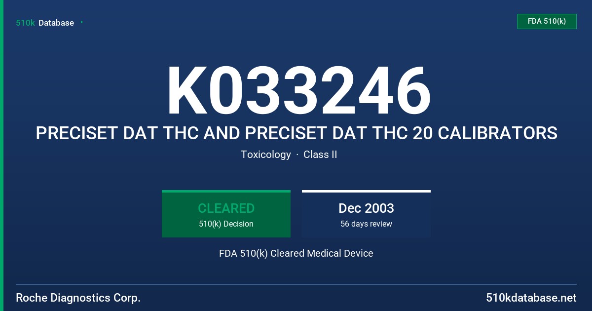 K033246 PRECISET DAT THC AND PRECISET DAT THC 20 CALIBRATORS FDA 510(k) Cleared Medical Device