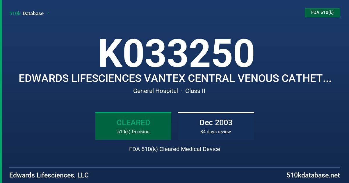 K033250 EDWARDS LIFESCIENCES VANTEX CENTRAL VENOUS CATHETERS WITH THERMISTOR FDA 510(k) Cleared Medical Device