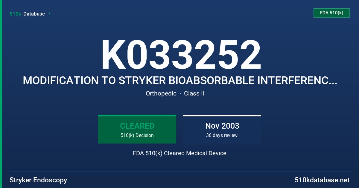 K033252 MODIFICATION TO STRYKER BIOABSORBABLE INTERFERENCE SCREW SYSTEM FDA 510(k) Cleared Medical Device