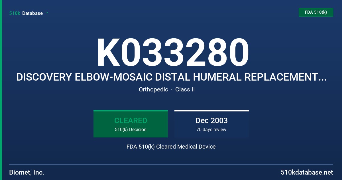 K033280 DISCOVERY ELBOW-MOSAIC DISTAL HUMERAL REPLACEMENT SYSTEM FDA 510(k) Cleared Medical Device
