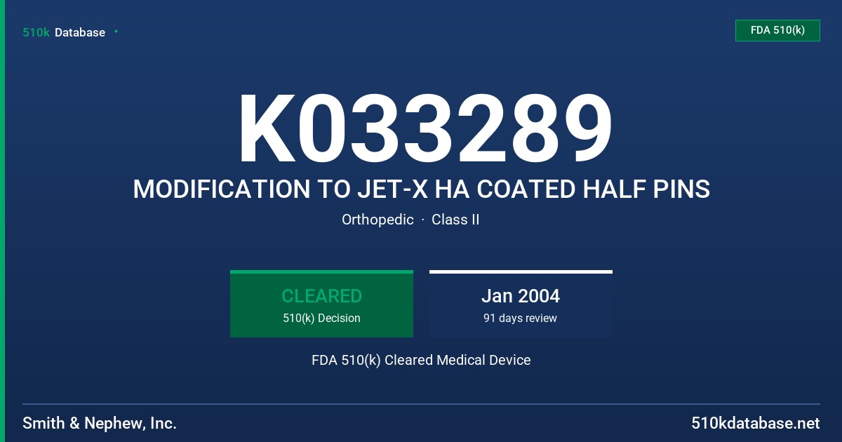 K033289 MODIFICATION TO JET-X HA COATED HALF PINS FDA 510(k) Cleared Medical Device