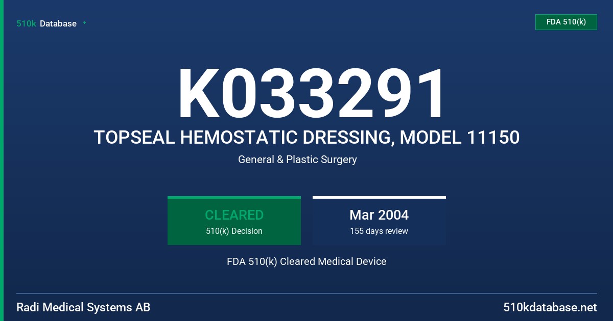 K033291 TOPSEAL HEMOSTATIC DRESSING, MODEL 11150 FDA 510(k) Cleared Medical Device