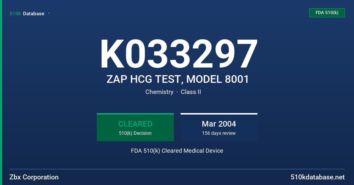 K033297 ZAP HCG TEST, MODEL 8001 FDA 510(k) Cleared Medical Device