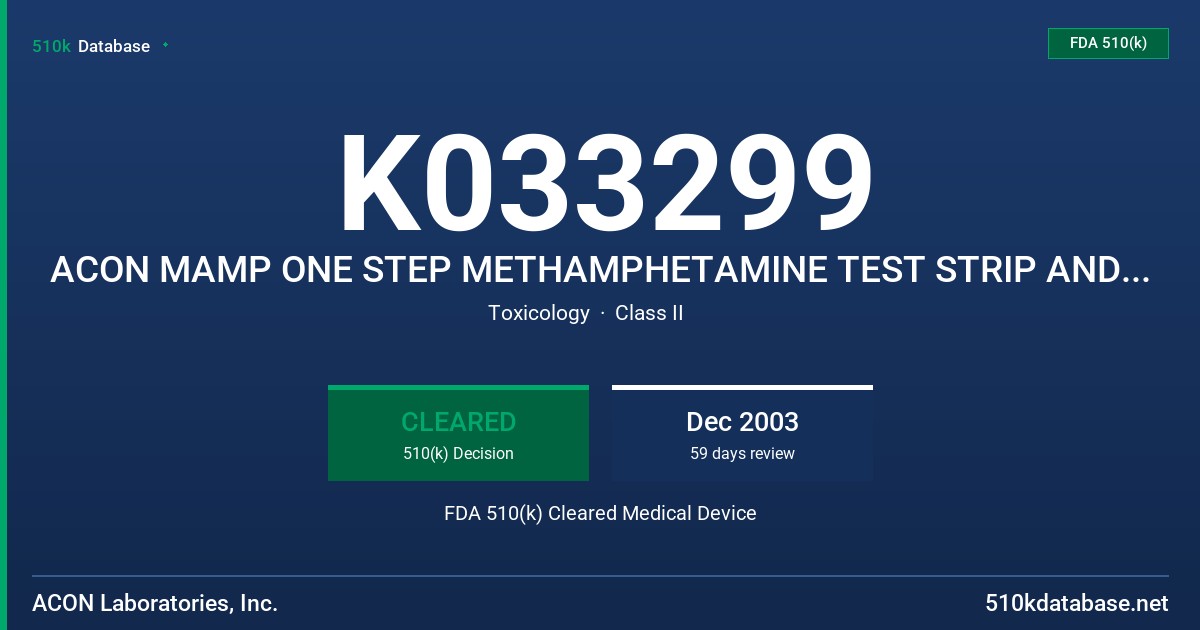 K033299 ACON MAMP ONE STEP METHAMPHETAMINE TEST STRIP AND TEST DEVICE FDA 510(k) Cleared Medical Device