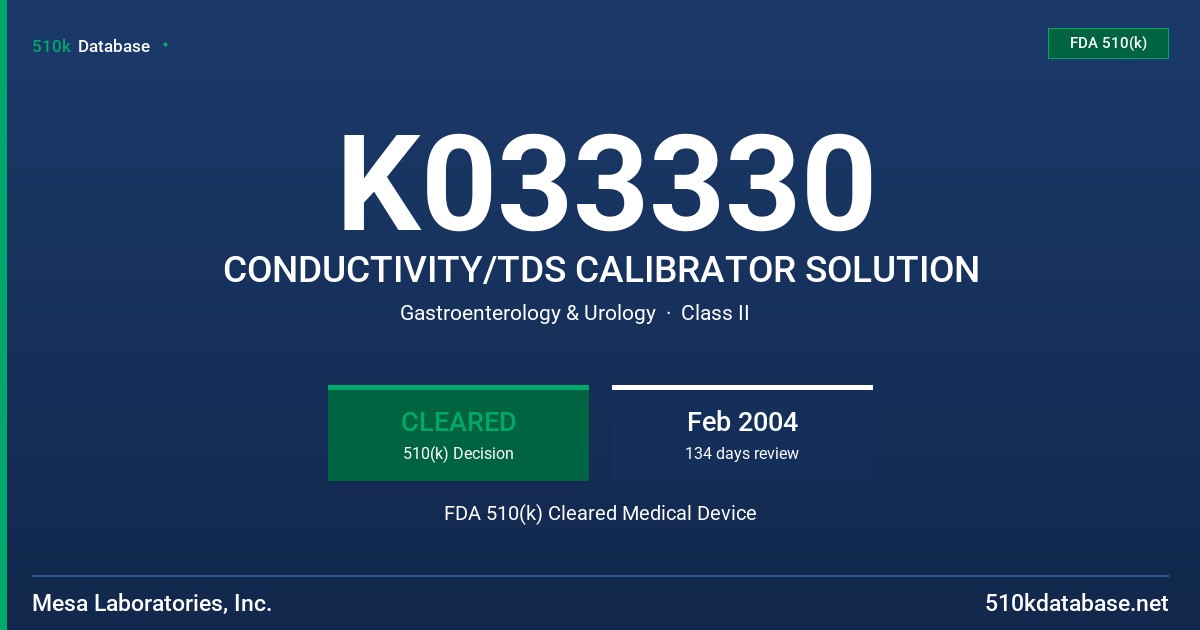 K033330 CONDUCTIVITY/TDS CALIBRATOR SOLUTION FDA 510(k) Cleared Medical Device