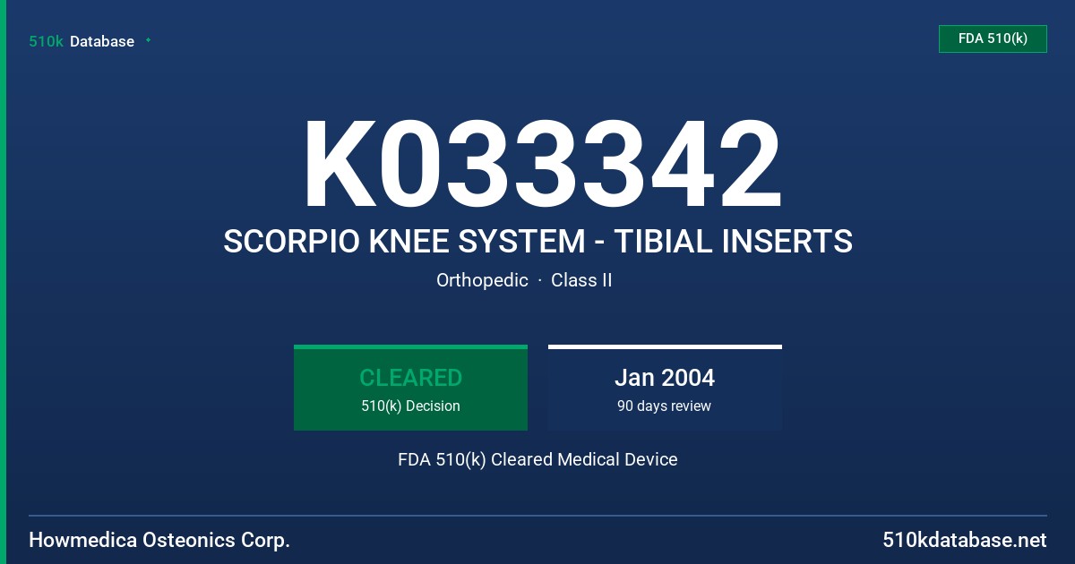 K033342 SCORPIO KNEE SYSTEM - TIBIAL INSERTS FDA 510(k) Cleared Medical Device