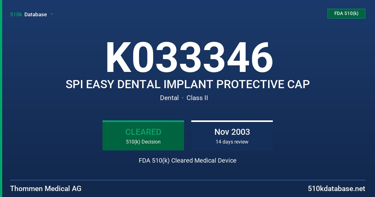 K033346 SPI EASY DENTAL IMPLANT PROTECTIVE CAP FDA 510(k) Cleared Medical Device