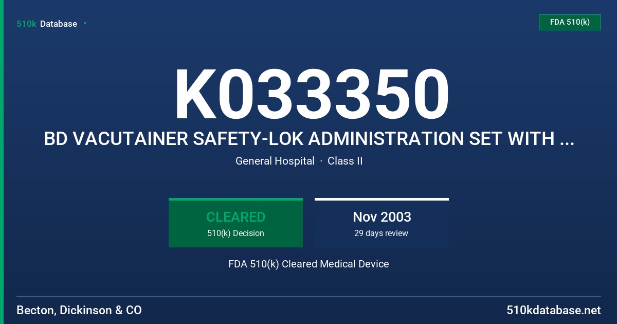 K033350 BD VACUTAINER SAFETY-LOK ADMINISTRATION SET WITH FILTER FDA 510(k) Cleared Medical Device