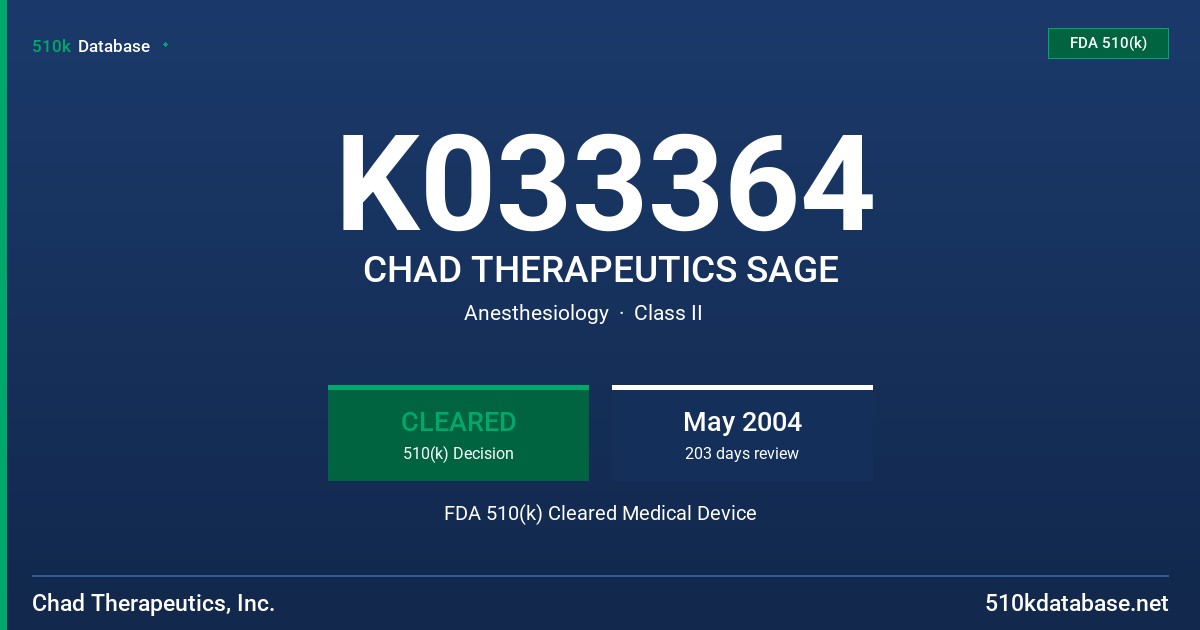 K033364 CHAD THERAPEUTICS SAGE FDA 510(k) Cleared Medical Device