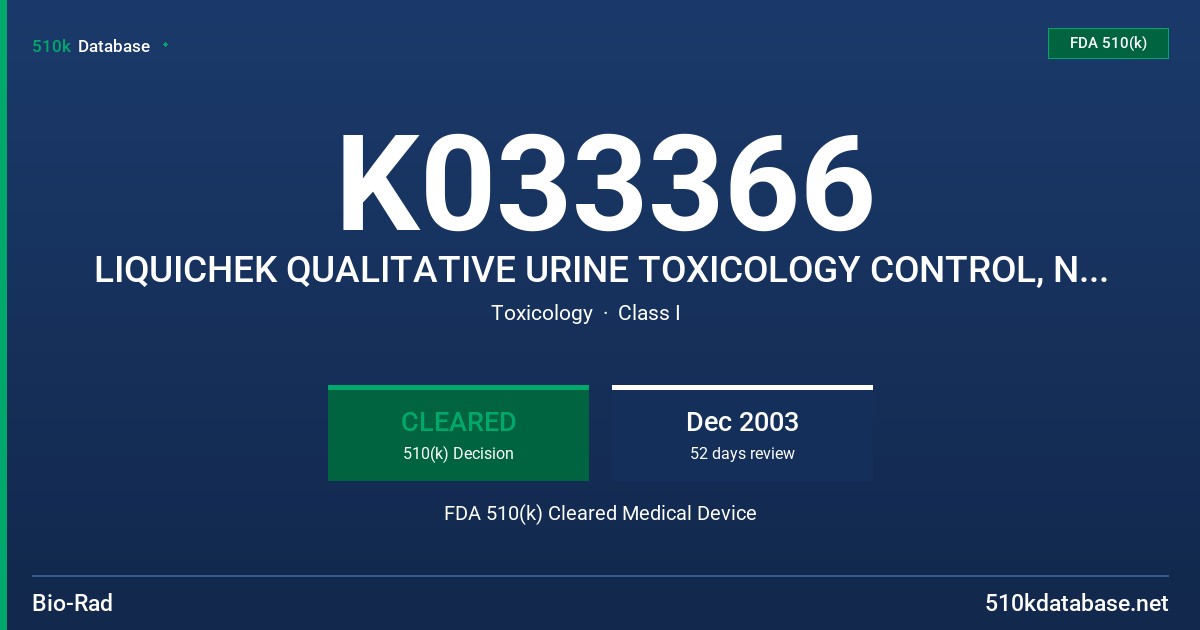 K033366 LIQUICHEK QUALITATIVE URINE TOXICOLOGY CONTROL, NEGATIVE, MODEL 454 FDA 510(k) Cleared Medical Device