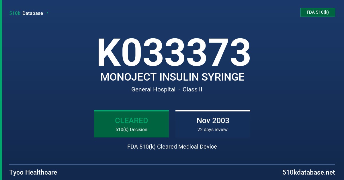 K033373 MONOJECT INSULIN SYRINGE FDA 510(k) Cleared Medical Device