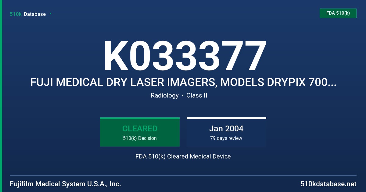 K033377 FUJI MEDICAL DRY LASER IMAGERS, MODELS DRYPIX 7000, DRYPIX 5000 AND FM-DP L FDA 510(k) Cleared Medical Device